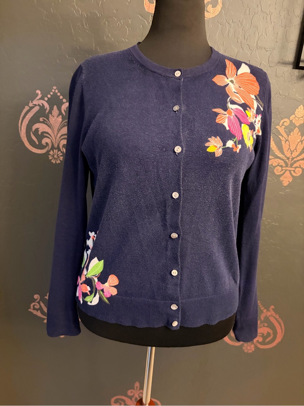 Merona Navy Floral Button-Front Cardigan